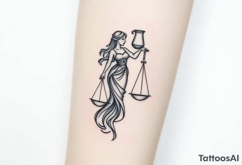 I want a tattoo that combines the Aquarius water bearer and the Libra scales. The water should flow elegantly from the jug, merging into or balancing the scales below. tattoo idea