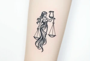 I want a tattoo that combines the Aquarius water bearer and the Libra scales. The water should flow elegantly from the jug, merging into or balancing the scales below. tattoo idea