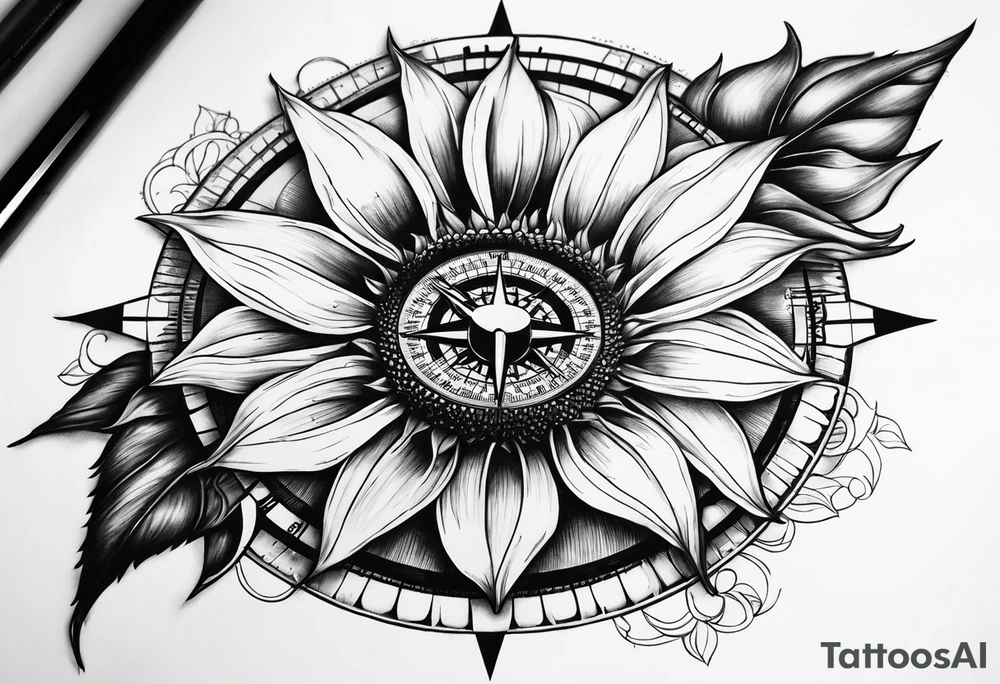 Sunflower next to a compass tattoo idea