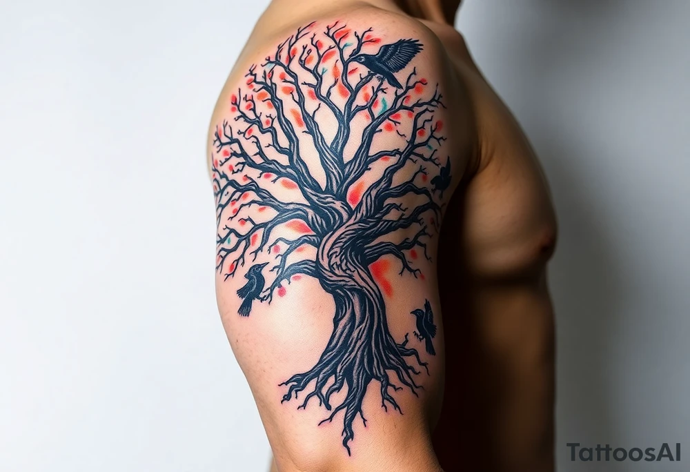 The Tree of Life, color infused, ravens flying around it, tattoo idea