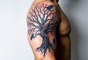 The Tree of Life, color infused, ravens flying around it, tattoo idea