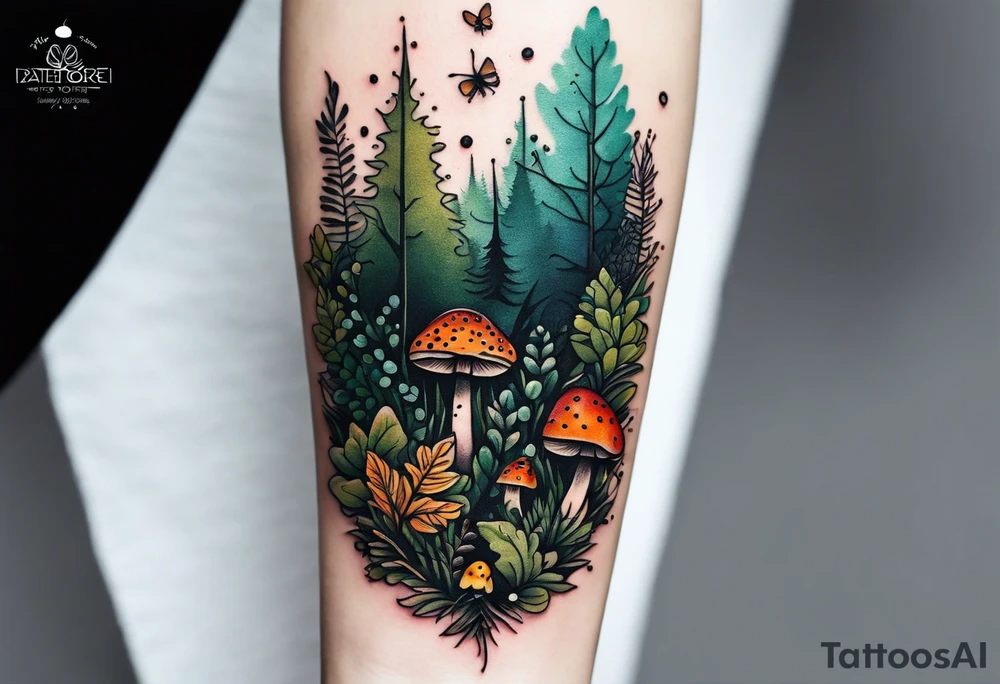 forest floor inspired minimalist tattoo, which includes grass, curly ferns, moss and dead leaves as the bulk of the tattoo. details to include: forest berries, a tiny bumblebee flying nearby, three small brown mushrooms
Generate a vertically long one tattoo idea