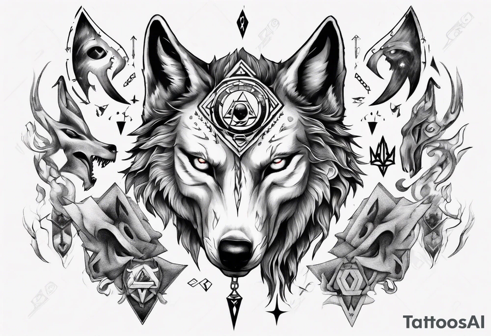 wolf head with zelda symbols around tattoo idea