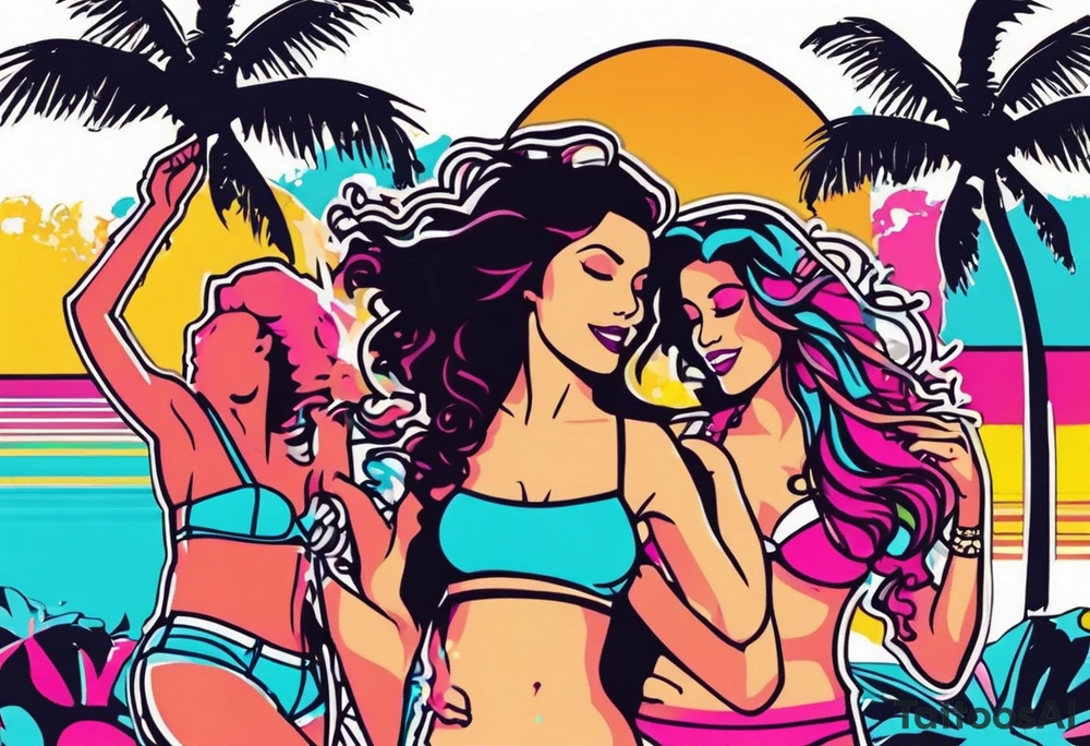 1980's miami vice style beach dance 
party, include confetti, music notes, boom box, bikinis sunset in the center tattoo idea