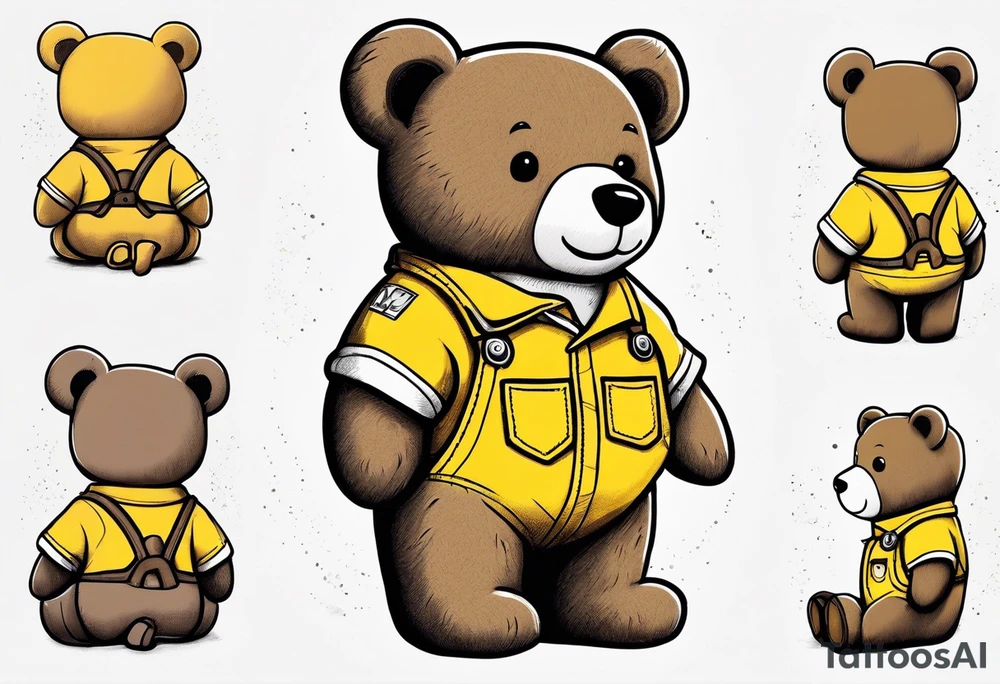the back of a standing teddy bear in yellow overalls tattoo idea