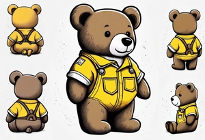 the back of a standing teddy bear in yellow overalls tattoo idea