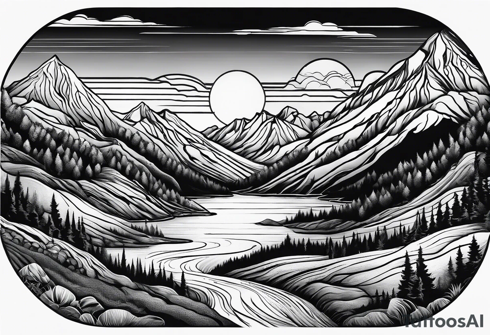 mountains, road, lake, yurt, sun tattoo idea