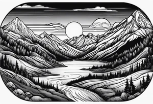 mountains, road, lake, yurt, sun tattoo idea