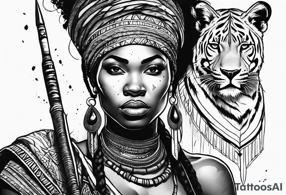 African woman warrior with tribe scars and spear in hand with animals in background tattoo idea