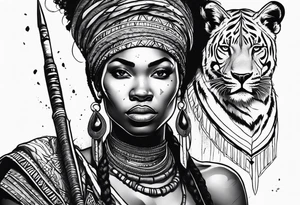 African woman warrior with tribe scars and spear in hand with animals in background tattoo idea