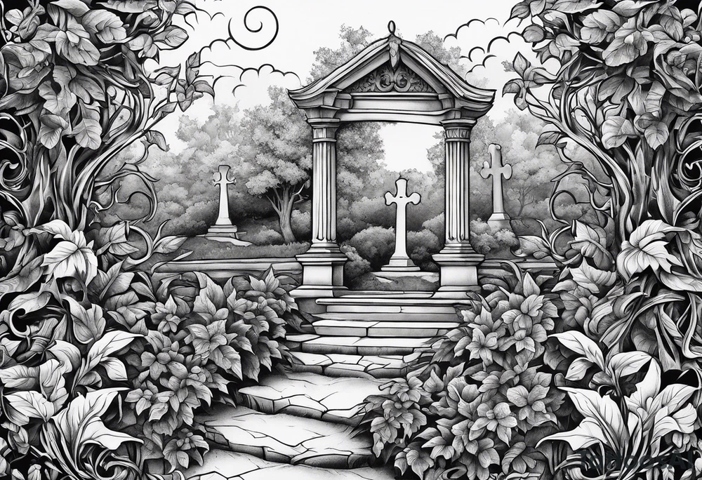 Leafy vines with grave yard tattoo idea