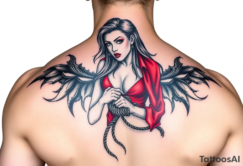 powerful female bdsm domm wearing red with her submissive bound by rope tattoo idea