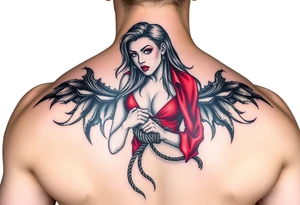 powerful female bdsm domm wearing red with her submissive bound by rope tattoo idea
