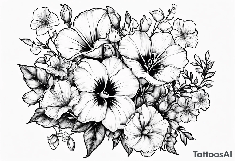 a vertical flower bouquet including sweet pea, larkspur, morning glory and cosmos tattoo idea
