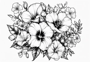 a vertical flower bouquet including sweet pea, larkspur, morning glory and cosmos tattoo idea