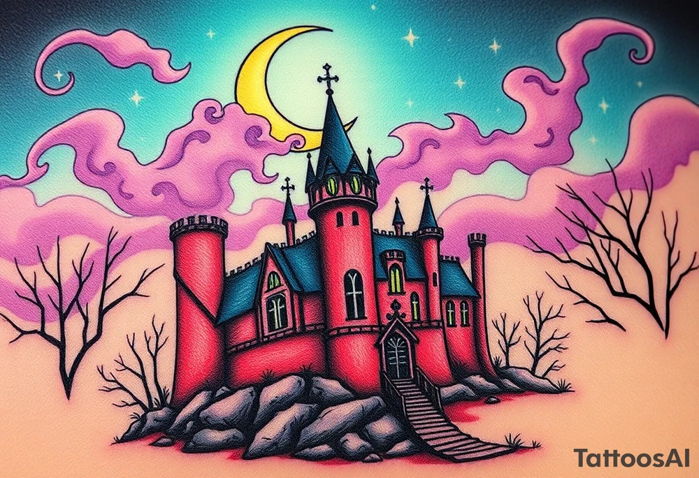 Tim Burton’s sleeping beauty’s haunted castle is abandoned and dripping with muted reds, dusty pinks, and eerie green glow.purple and cyan smokey clouds swirl in the crescent moonlit sky thats sprinkled with stars tattoo idea tattoo idea