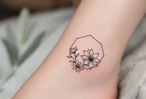 Leo, larkspur and water lily surrounded by a hexagon tattoo idea