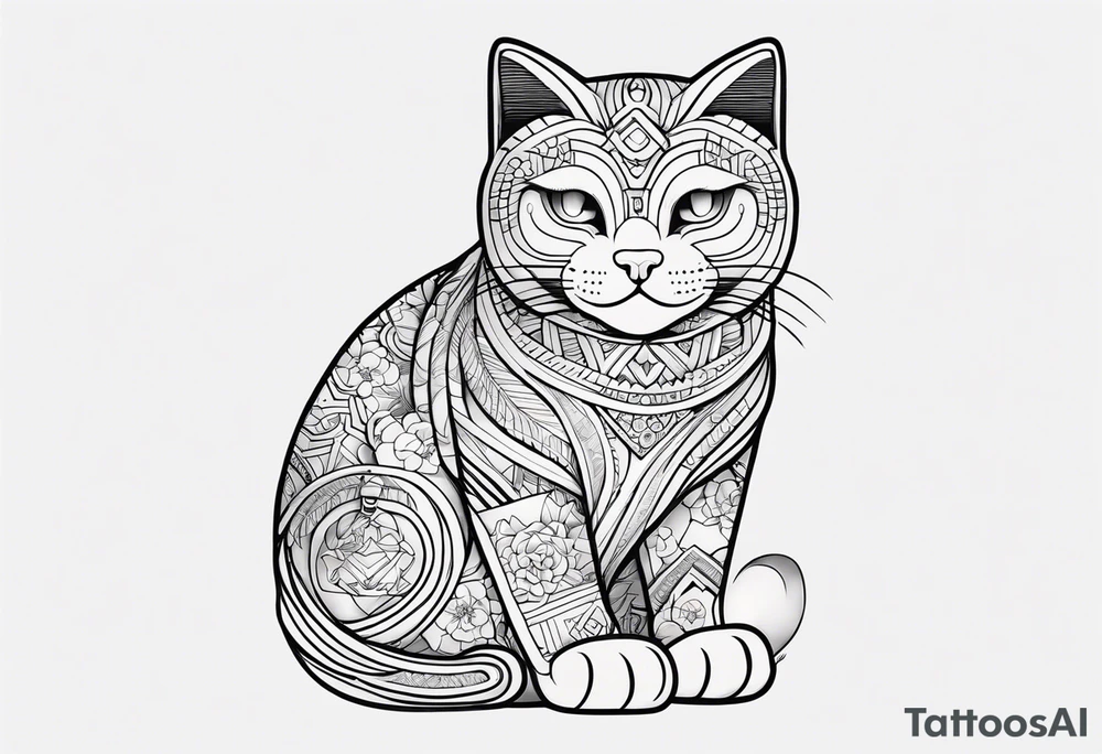 Thin line drawing of lucky cat tattoo idea