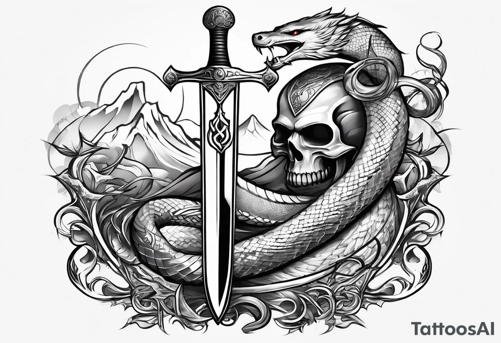 Sword with sum symbol on blade and snake going around the sword tattoo idea