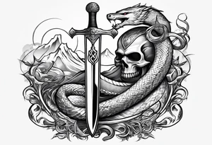 Sword with sum symbol on blade and snake going around the sword tattoo idea