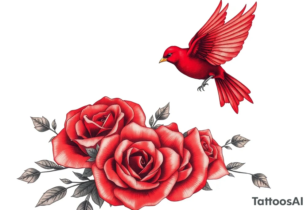 Vintage lace, red roses close together, bright red bird flying freely tattoo idea