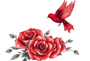 Vintage lace, red roses close together, bright red bird flying freely tattoo idea