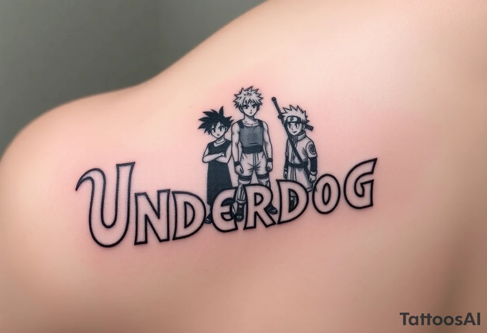 the word underdog in a with 3 anime characters Goku  and Naruto and ippo the boxig anime one standing in the middle one standing on the right and one standing on the left
 above the word tattoo idea