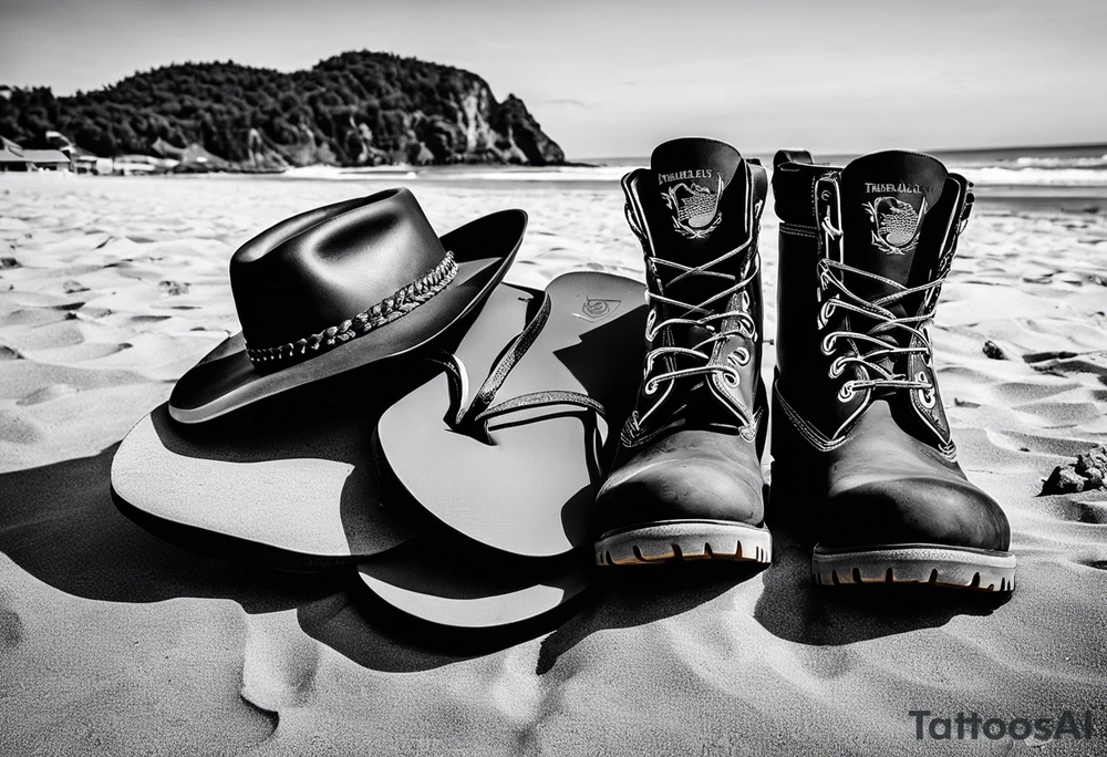 Two flip flops next to a pair of timberland boots on the Beach. ADD a cowboyhat tattoo idea