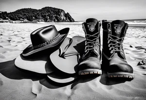 Two flip flops next to a pair of timberland boots on the Beach. ADD a cowboyhat tattoo idea
