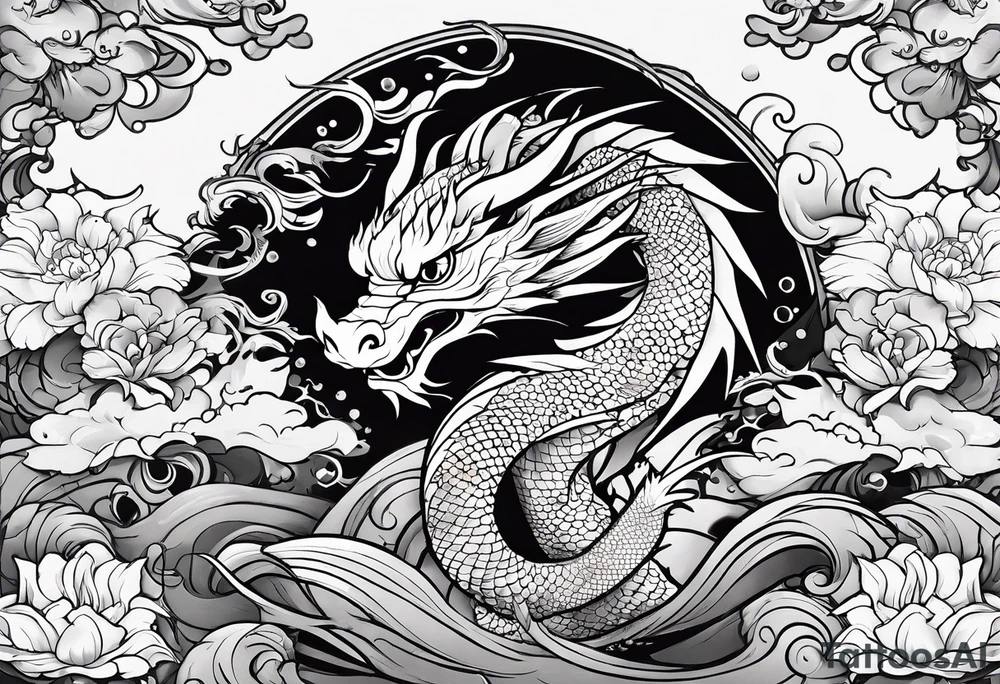 dragon and koi fish cute. face of dragon should not be fierce. should be surrounded by water or clouds tattoo idea