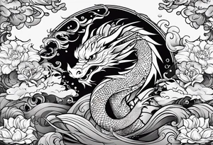 dragon and koi fish cute. face of dragon should not be fierce. should be surrounded by water or clouds tattoo idea