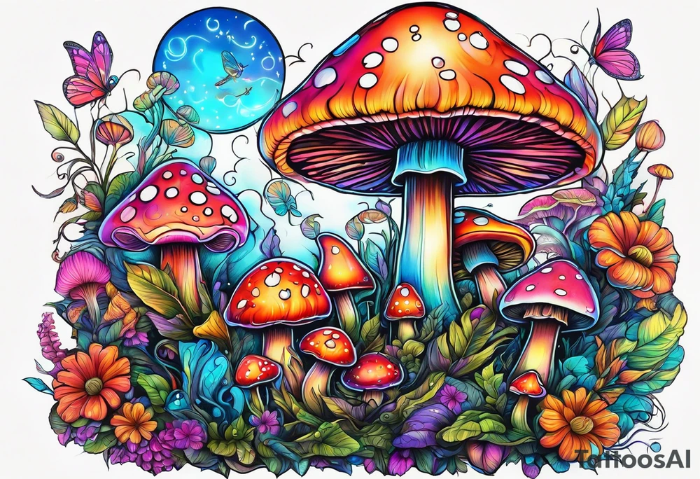 Fairies on mushrooms neon colors tattoo idea