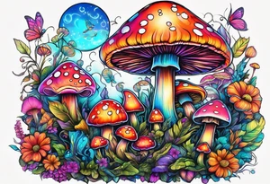 Fairies on mushrooms neon colors tattoo idea