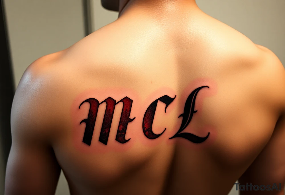 realistic tattoo design of "MCL" on upper left  side of chest, shaded to look as if tattoo was carved into the skin, red and black tattoo idea