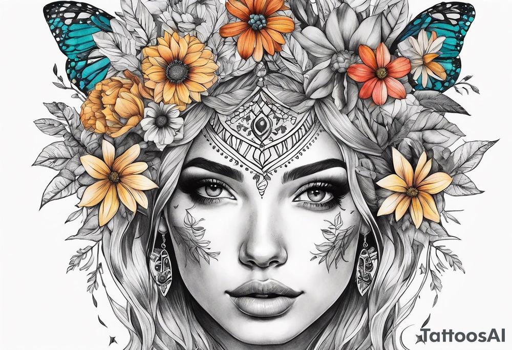 botanical, flowers, colorful, boho tattoo idea