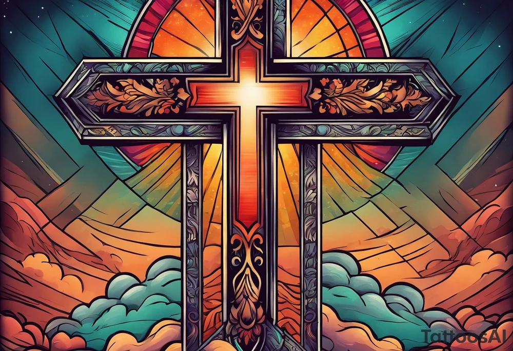 A cross with a ribbon around it with the text stay true to who you are with the colors of a sunset fading out from behind it tattoo idea