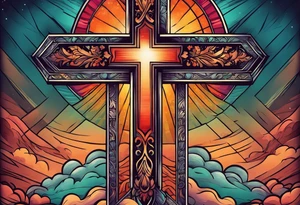 A cross with a ribbon around it with the text stay true to who you are with the colors of a sunset fading out from behind it tattoo idea