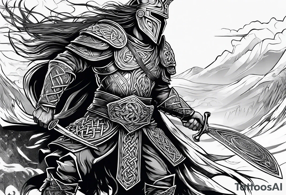 Side profile full body of Celtic warrior walking into battle tattoo idea
