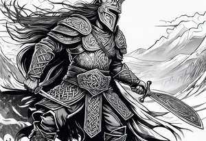 Side profile full body of Celtic warrior walking into battle tattoo idea