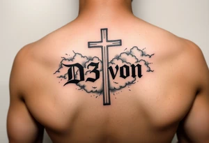 The name D3von with a cross behind it and clouds above it tattoo idea