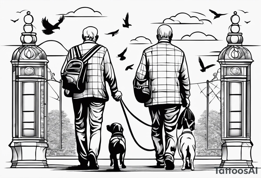 create me a  tattoo of the back of a grandfather he is holding a dog lead and walking a dog. around it is other line drawings of pigeons, dogs, rugby balls, cricket items, tools and binoculars with birds tattoo idea