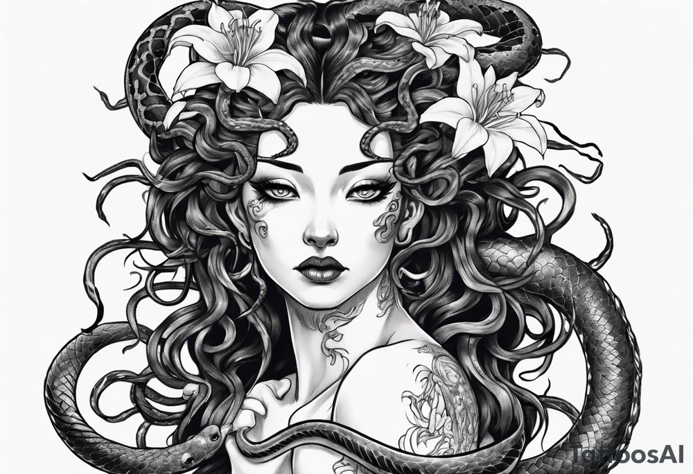 Dark/goth Medusa with white pupils and snake hair. Lilies tattoo idea