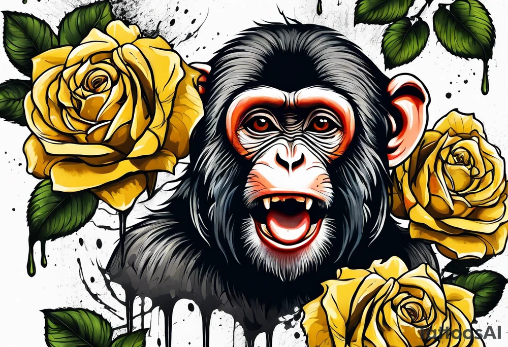 Yellow rose vine with a monkey and blood dripping from the roses tattoo idea