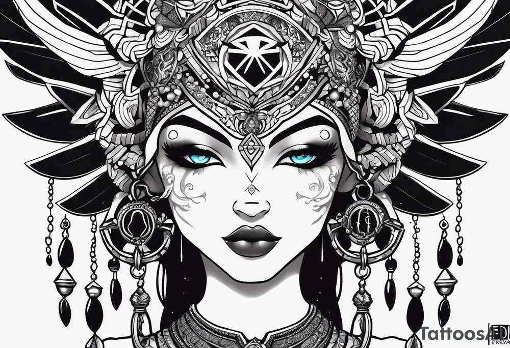 kali ma, alien goddess, valkrye, aries, pirate, divine feminine, zenza resonance, pachamama, lotus azul, blank panther, eagle, skull, 5D, nueva gaya, dna 12, left side chest tatoo tattoo idea