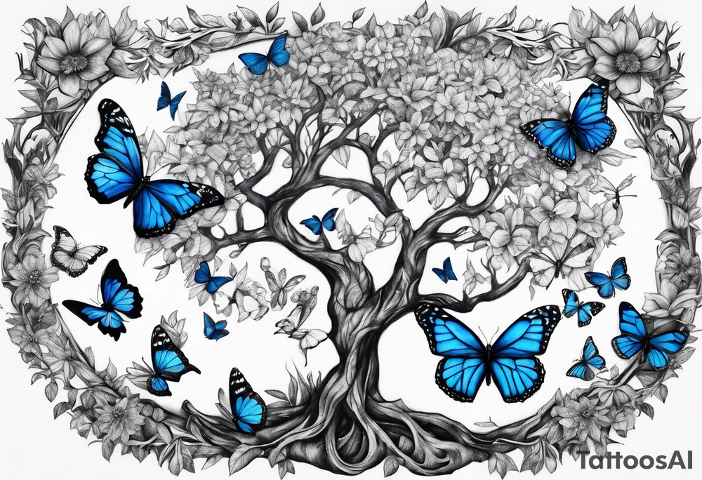 Tree of life with blue monarch butterflies tattoo idea