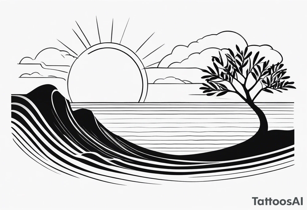 Olive tree into waves, ocean, sun for wrist tattoo idea Olive tree into waves, ocean, sun for wrist tattoo idea