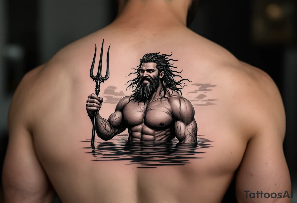 young, happy, fit poseidon in calm water, holding a trident, drinking a beer, with sunset tattoo idea