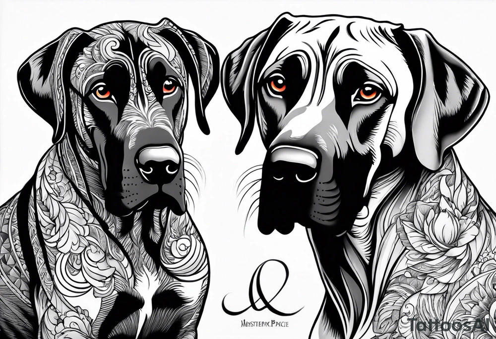 Arm sleeve for man- with floppy ear Great Dane standing fiercely chest up with outdoors fill work around tattoo idea