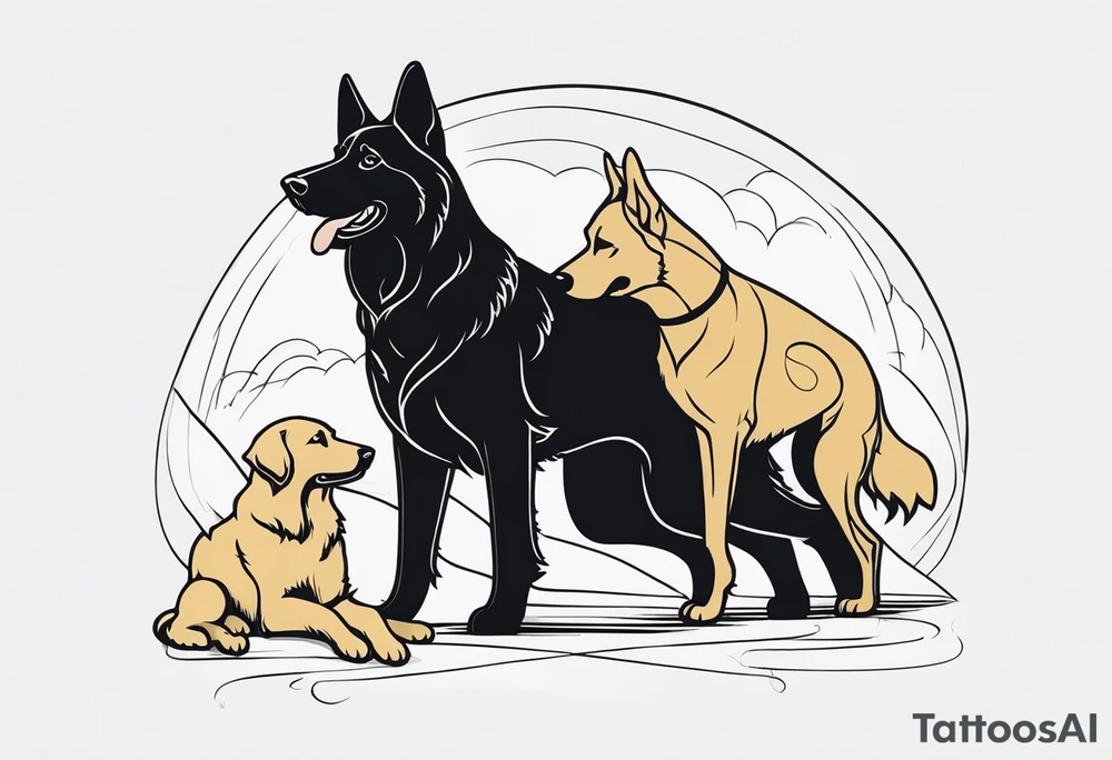 a black German shepherd and a golden retriever fighting tattoo idea