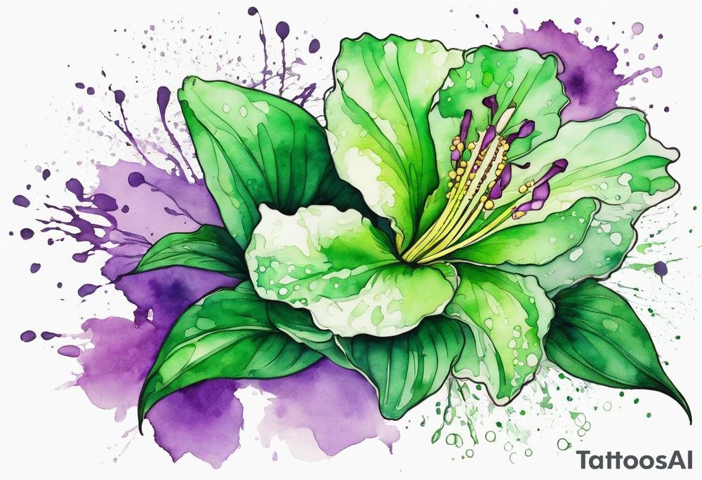 An outline of a green rio dipladenia flower and a green and purple watercolor splash in the background tattoo idea